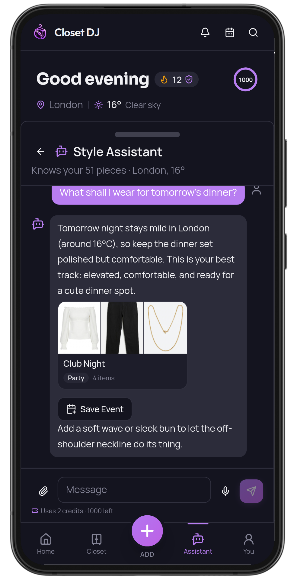 Closet DJ Style Assistant chat screen recommending an outfit from the user's wardrobe for dinner